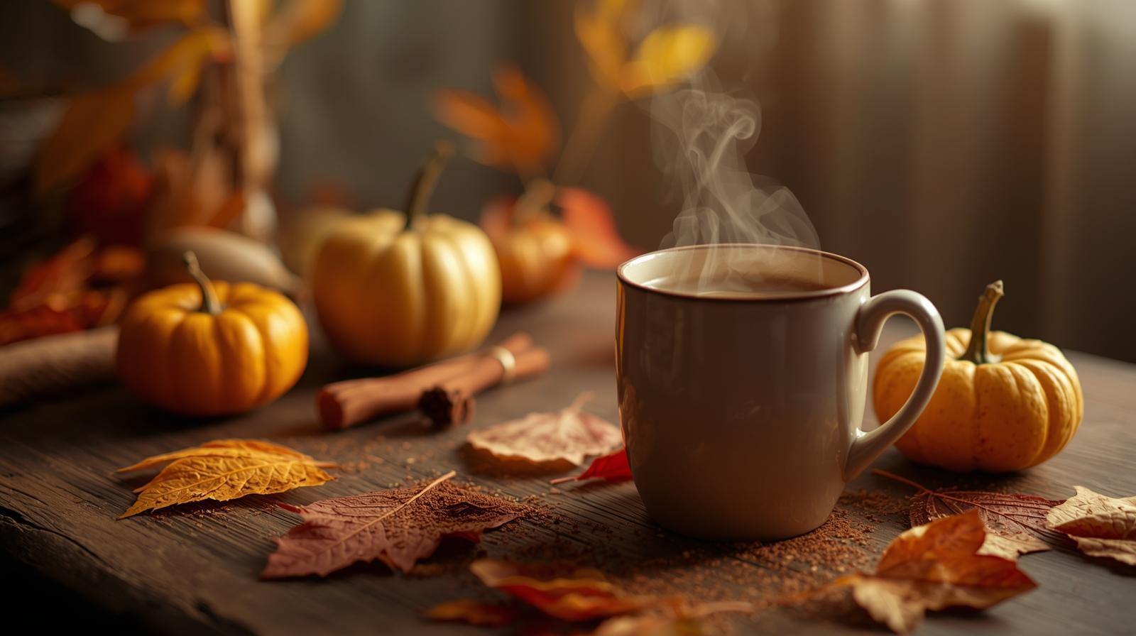 Picture of mug of hot beverage on a wooden table along side pumpkins and leaves. 